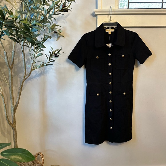 NWT Fall 2024 Michael Kors Utility Button Down Collar Black Gold Button Dress - Picture 3 of 7